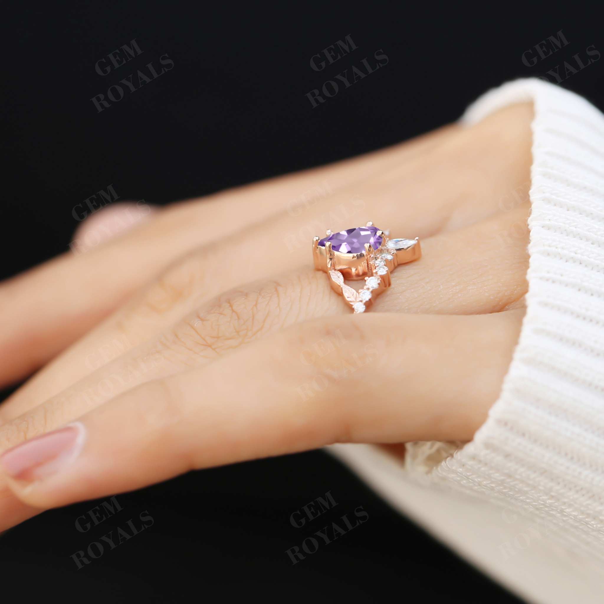 Nature Inspired Leaf Design Pear Amethyst Engagement Ring