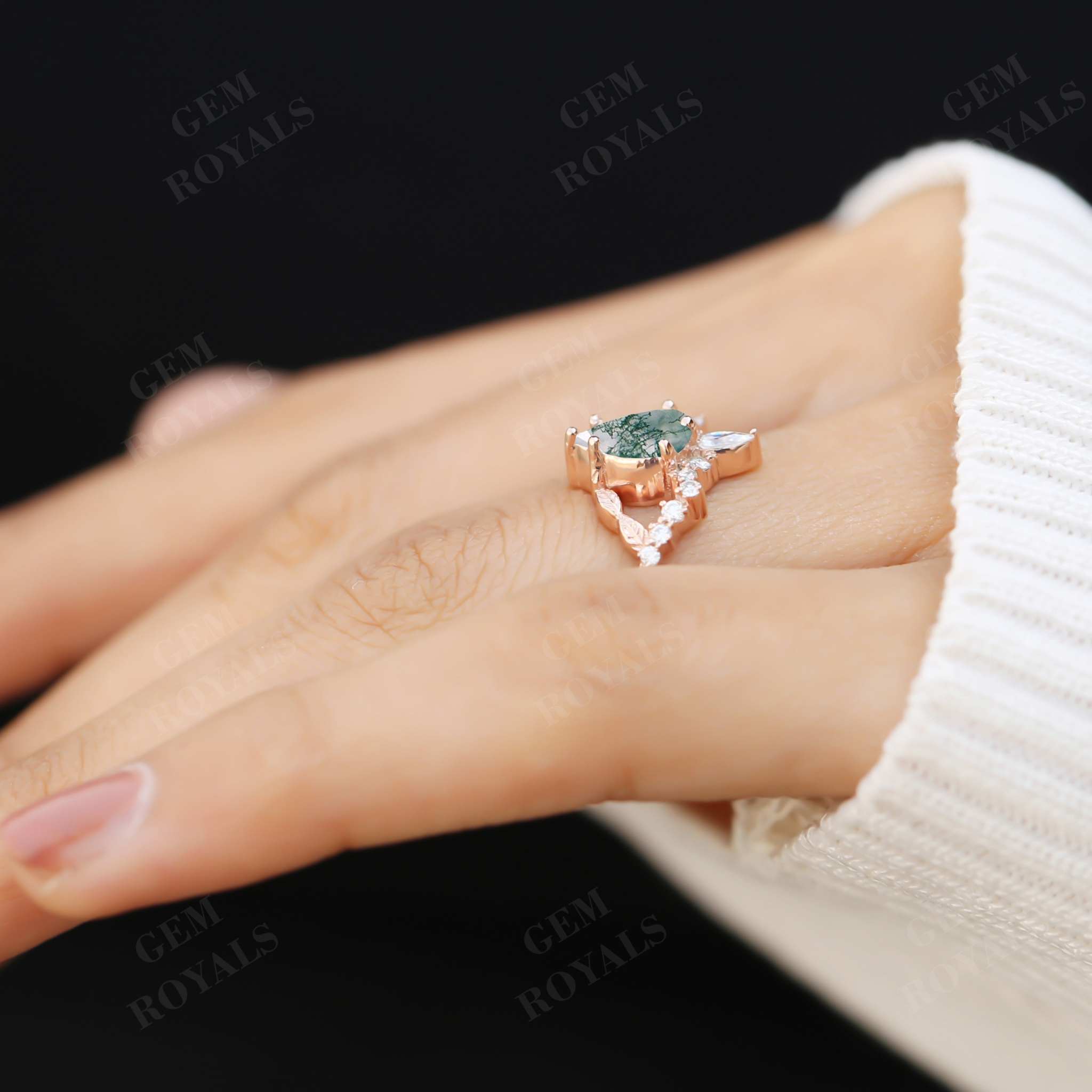 Art Deco Pear Shaped Moss Agate Engagement Ring