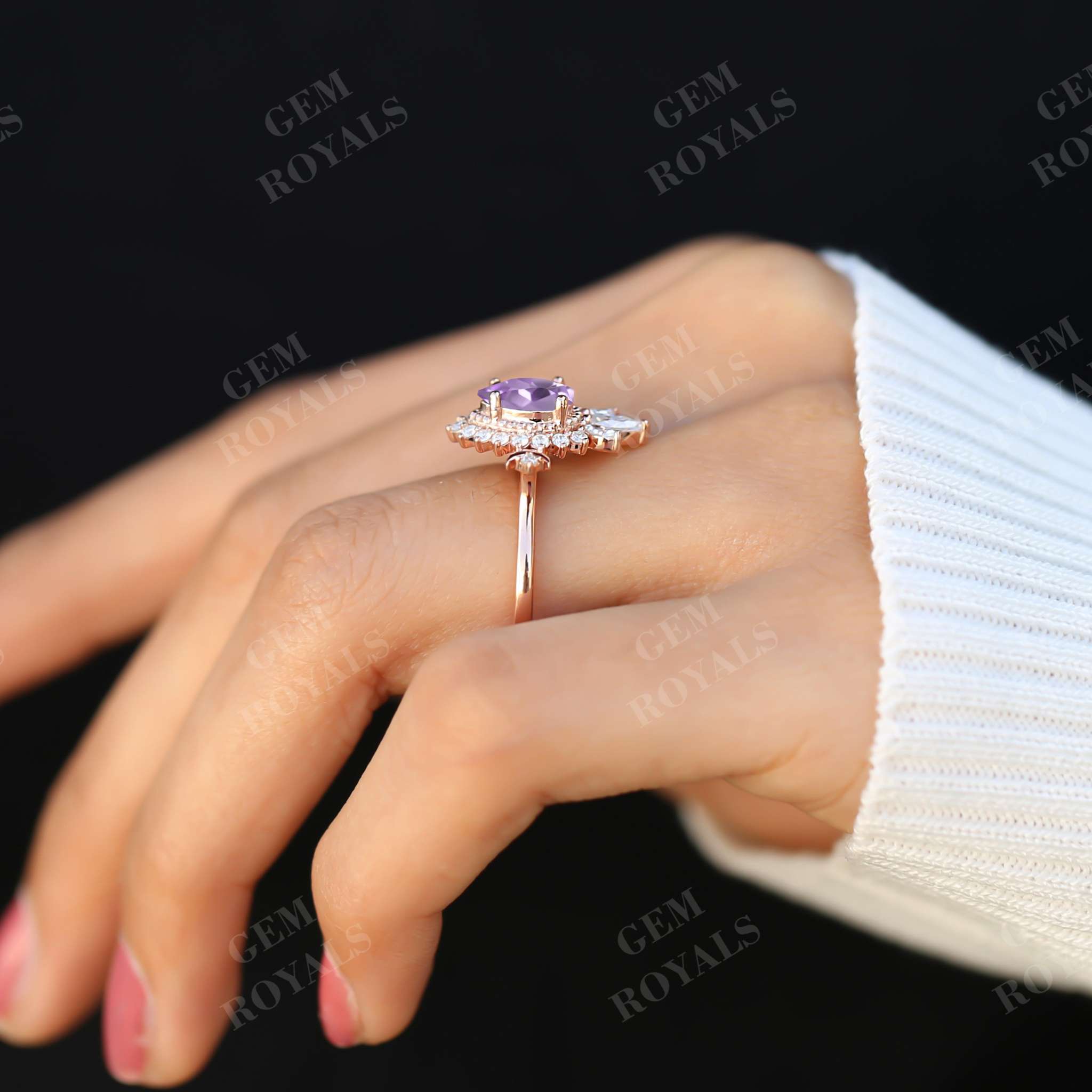 Art Deco Pear Shaped Natural Amethyst Engagement Ring