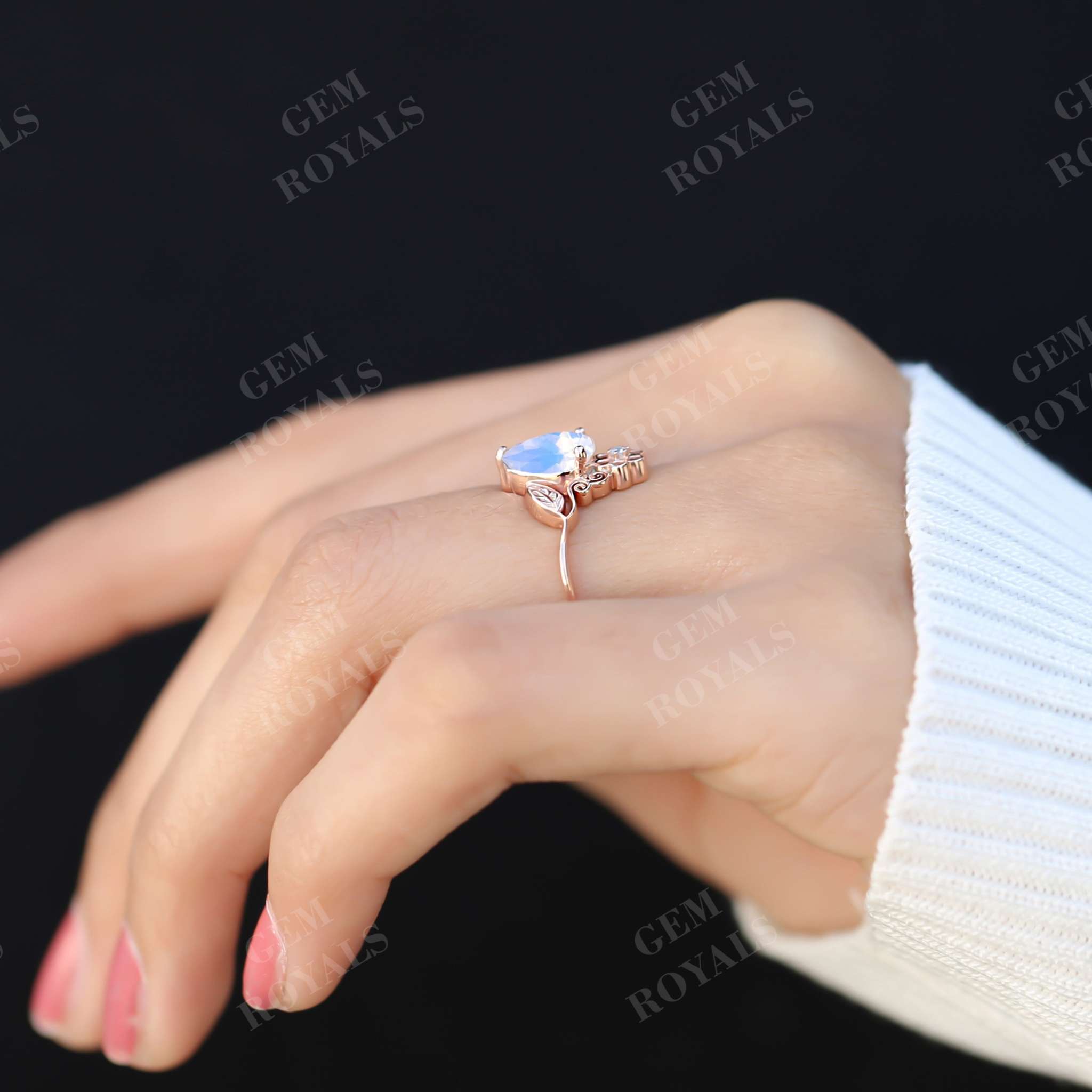 Vintage Nature Inspired Leaf Moonstone Engagement Ring