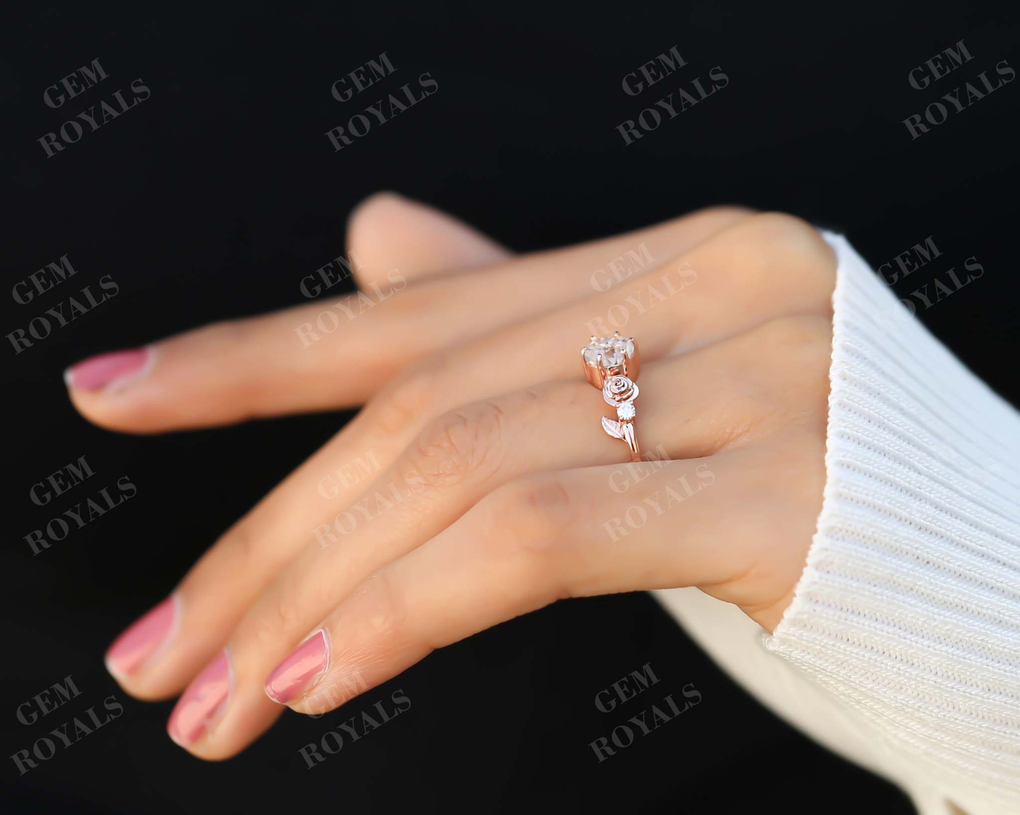 Round Brilliant Cut Moissanite Flower Leaf Design Ring