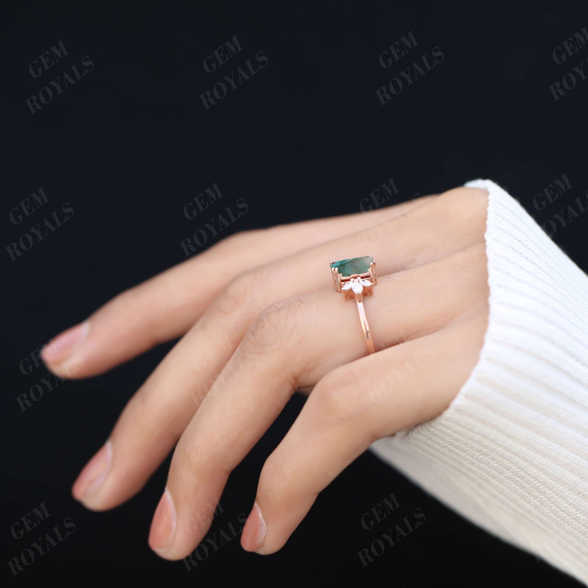 Cluster Emerald Cut Natural Moss Agate Engagement Ring