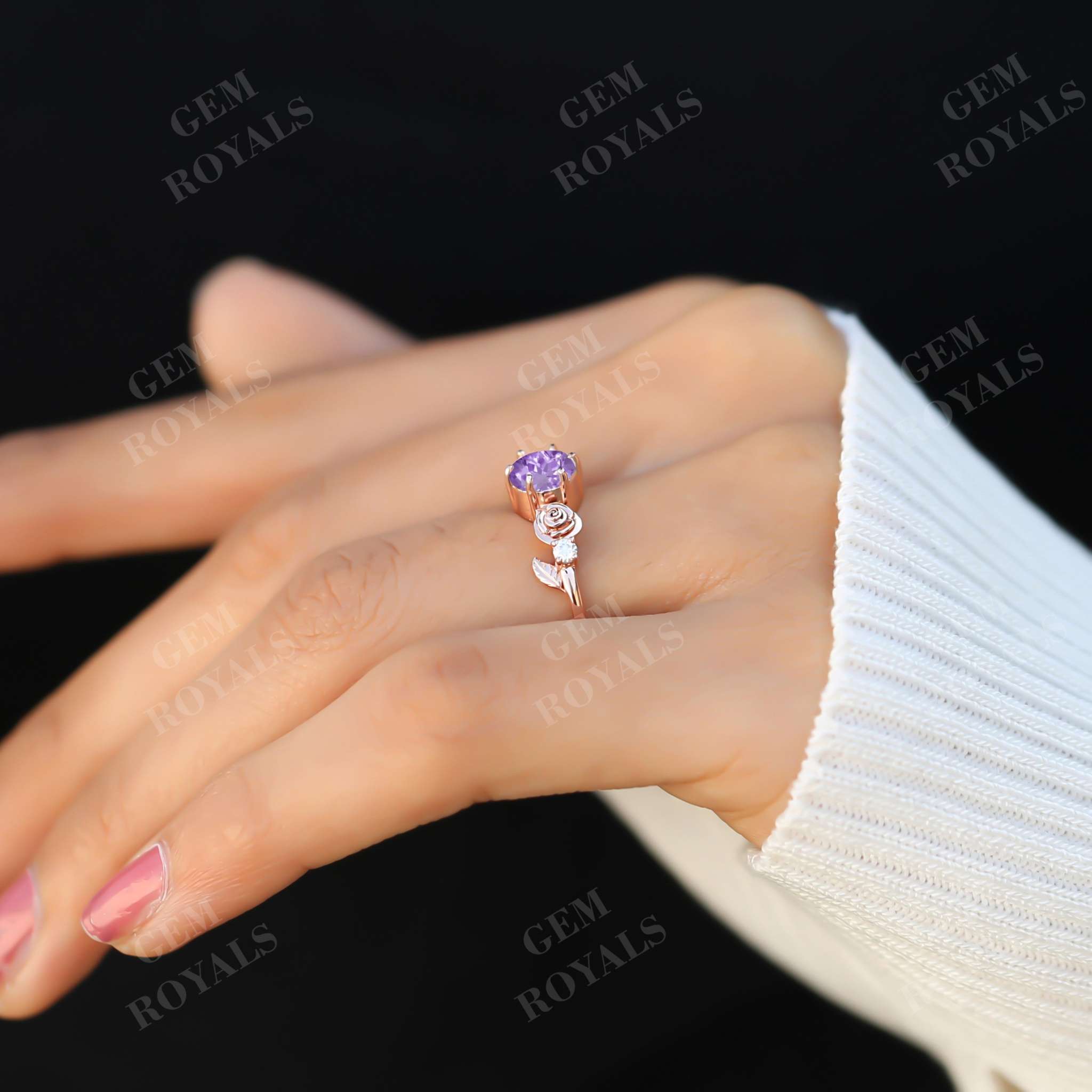 Dainty Flower Round Natural Amethyst Engagement Ring