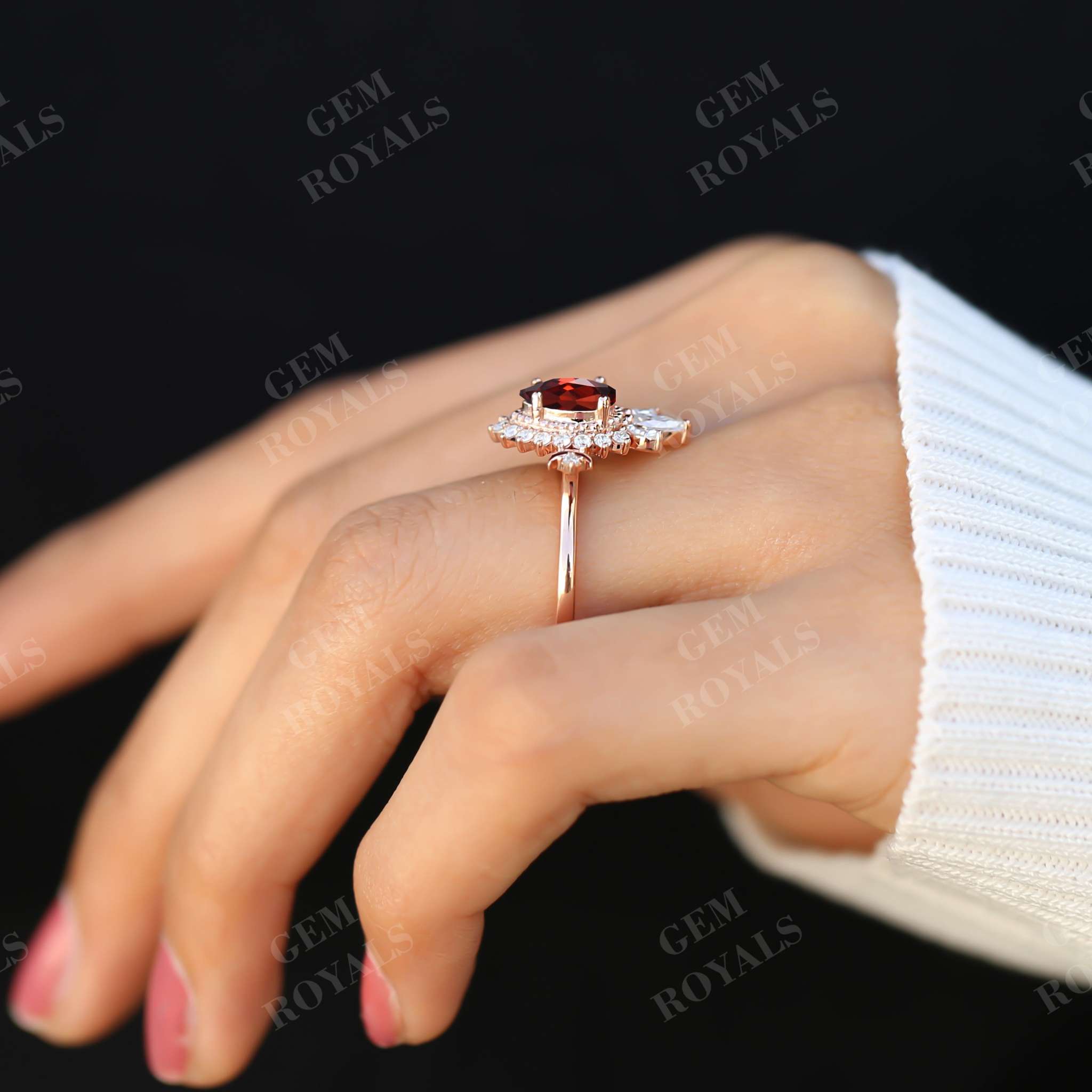 Art Deco Pear Shaped Red Garnet Halo Engagement Ring