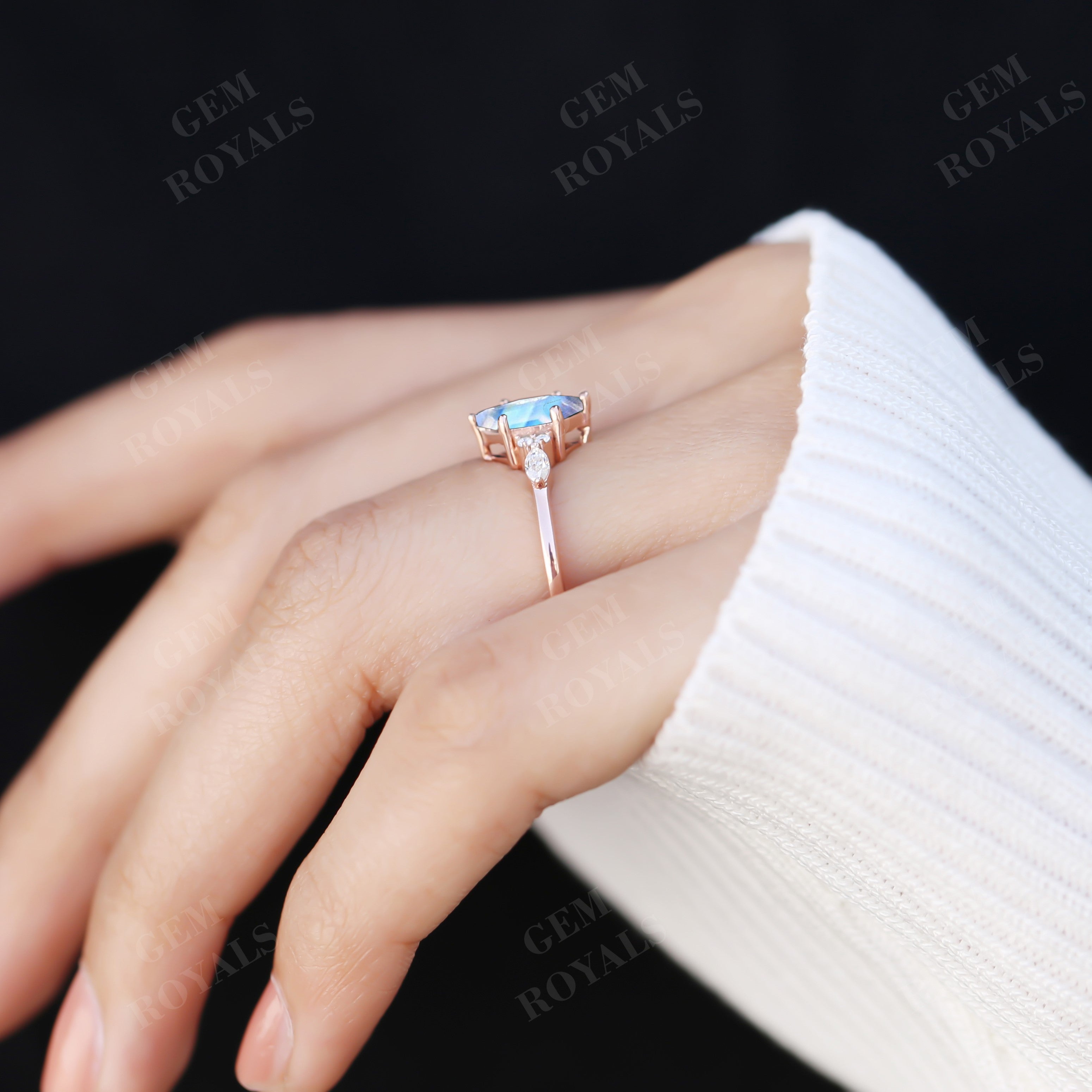 Unique Long Hexagon Moonstone Engagement Ring