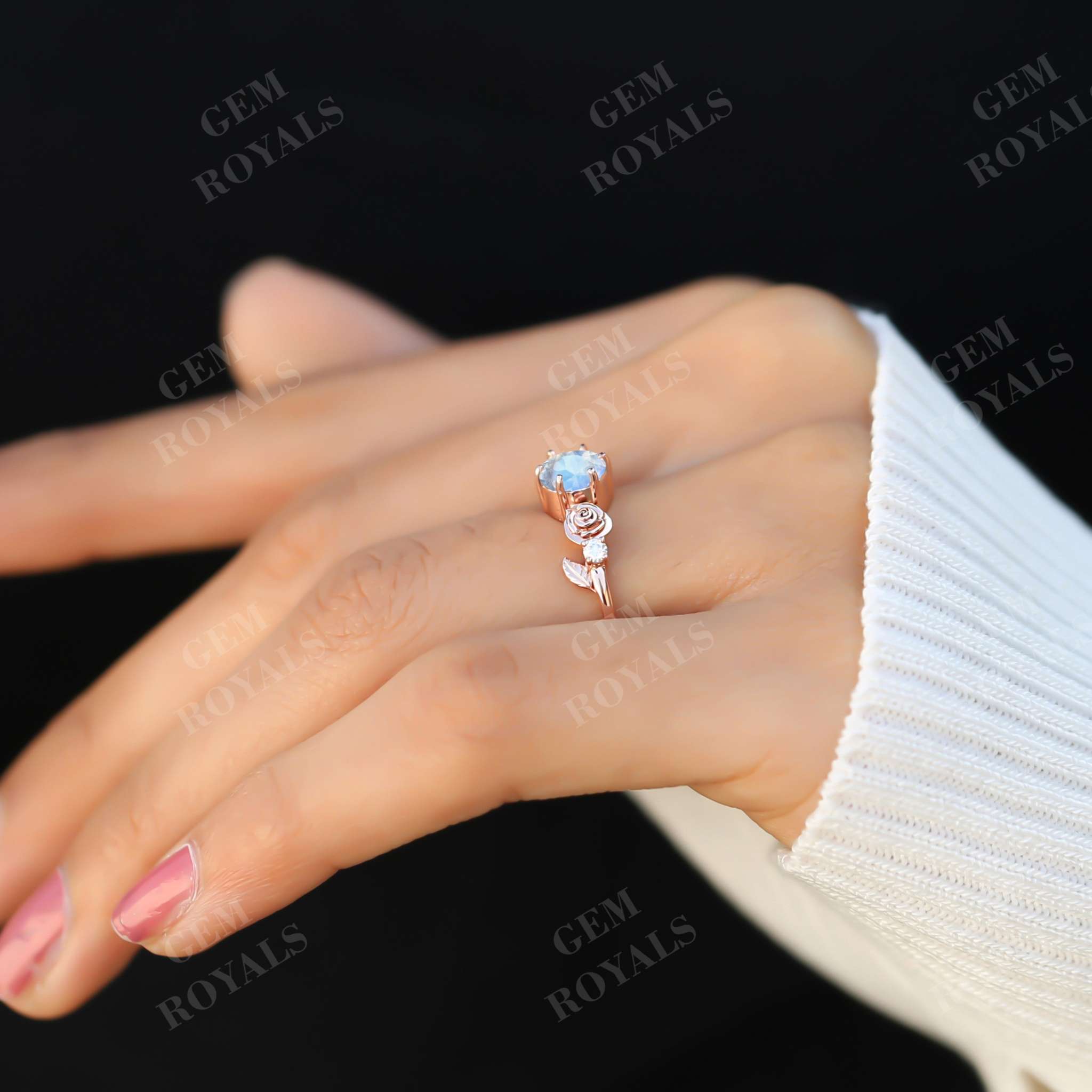 Dainty Flower Round Cut Moonstone Engagement Ring