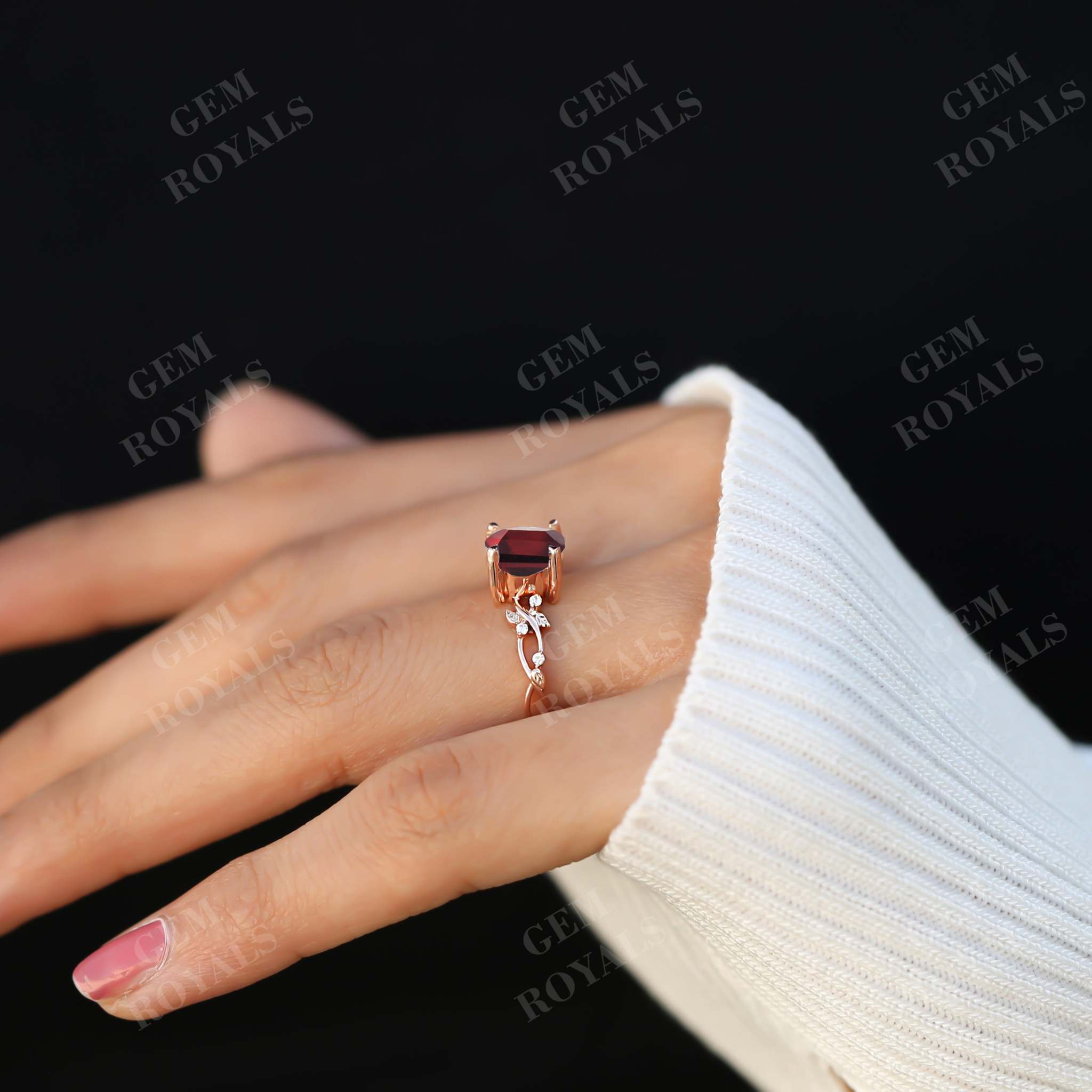 Dainty Nature Inspired Round Natural Garnet Engagement Ring