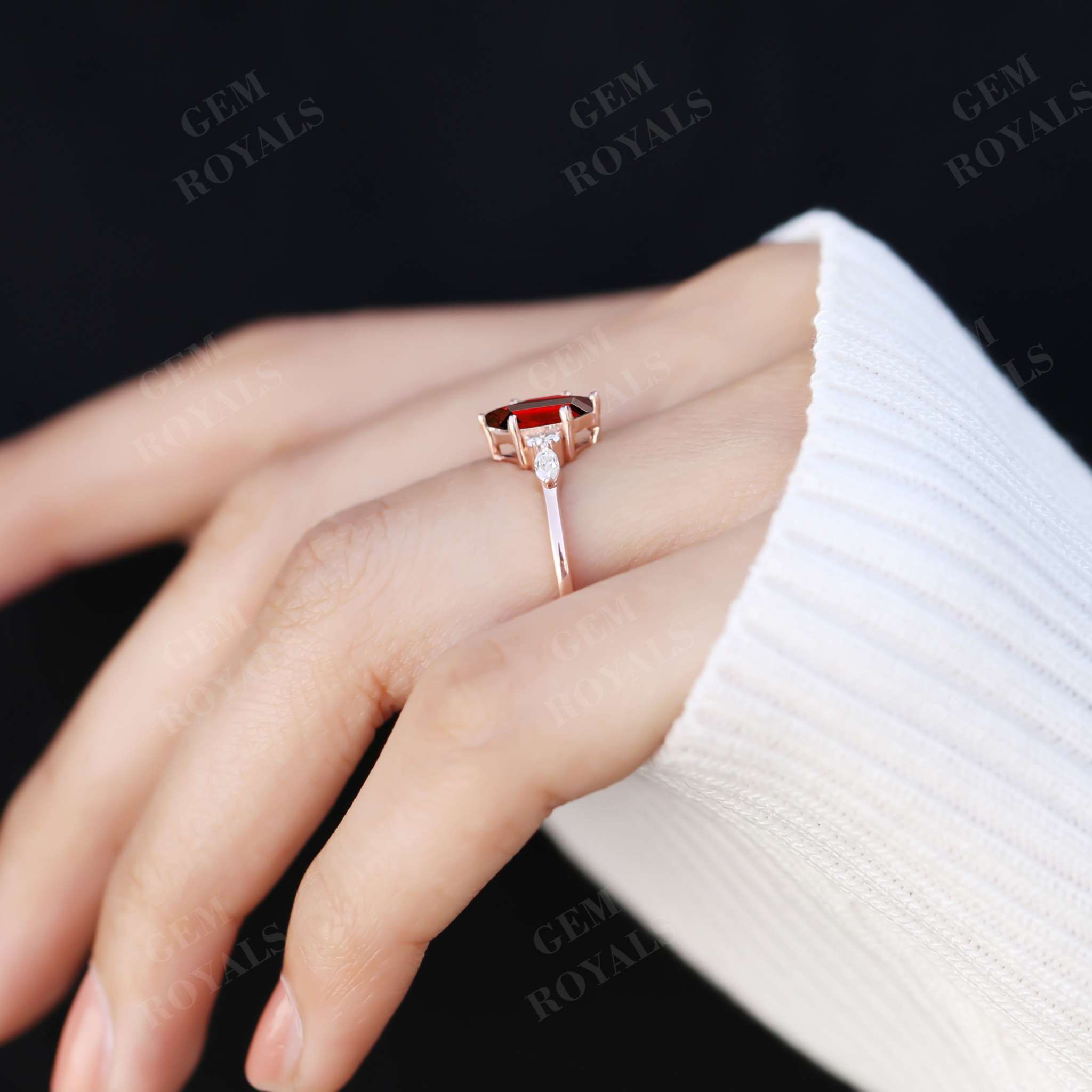 Cluster Long Hexagon Shape Red Garnet Engagement Ring