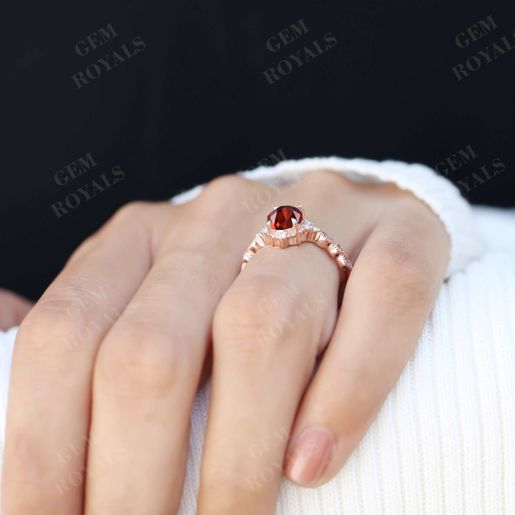 Unique Art Deco Oval Cut Red Garnet Engagement Ring