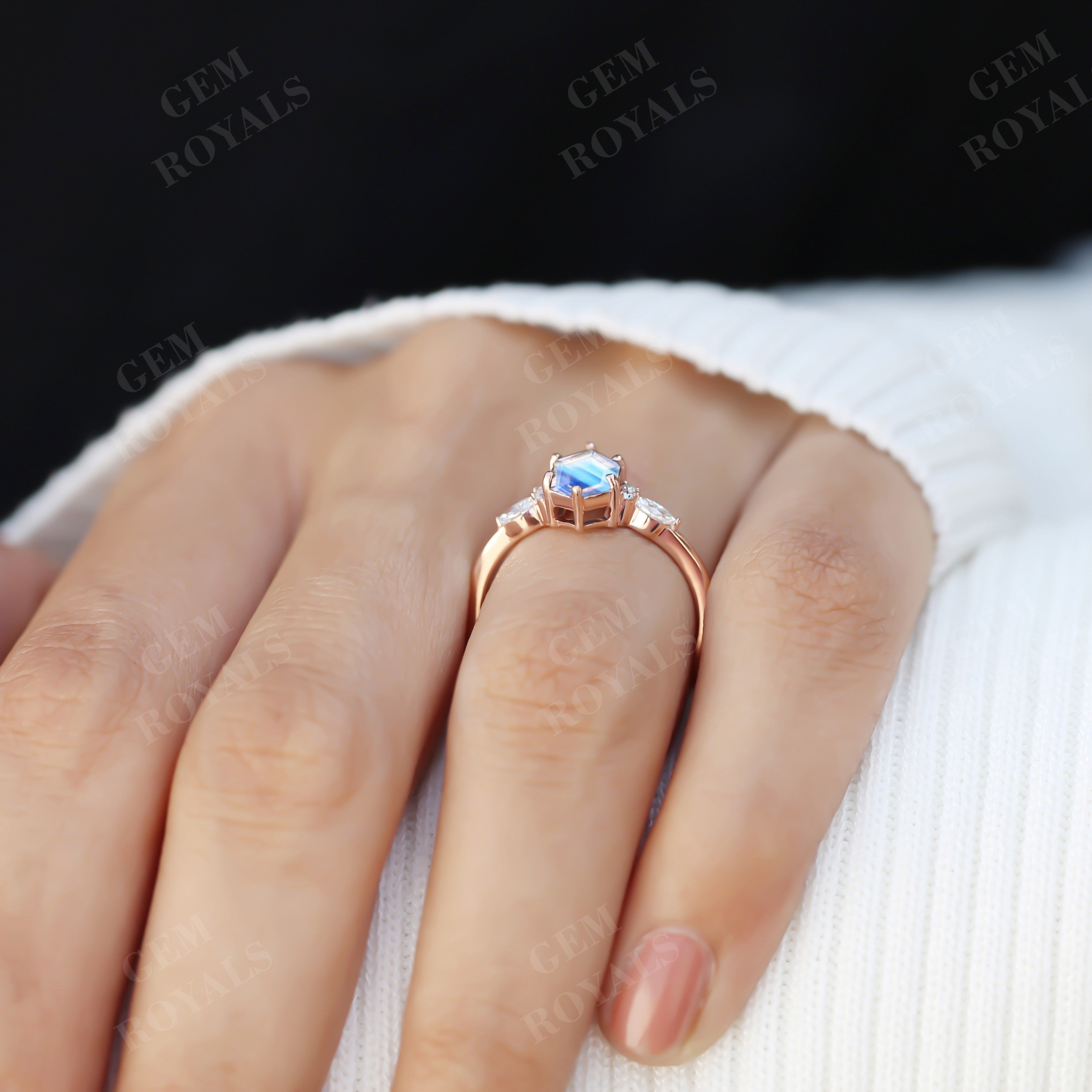 Unique Long Hexagon Moonstone Engagement Ring