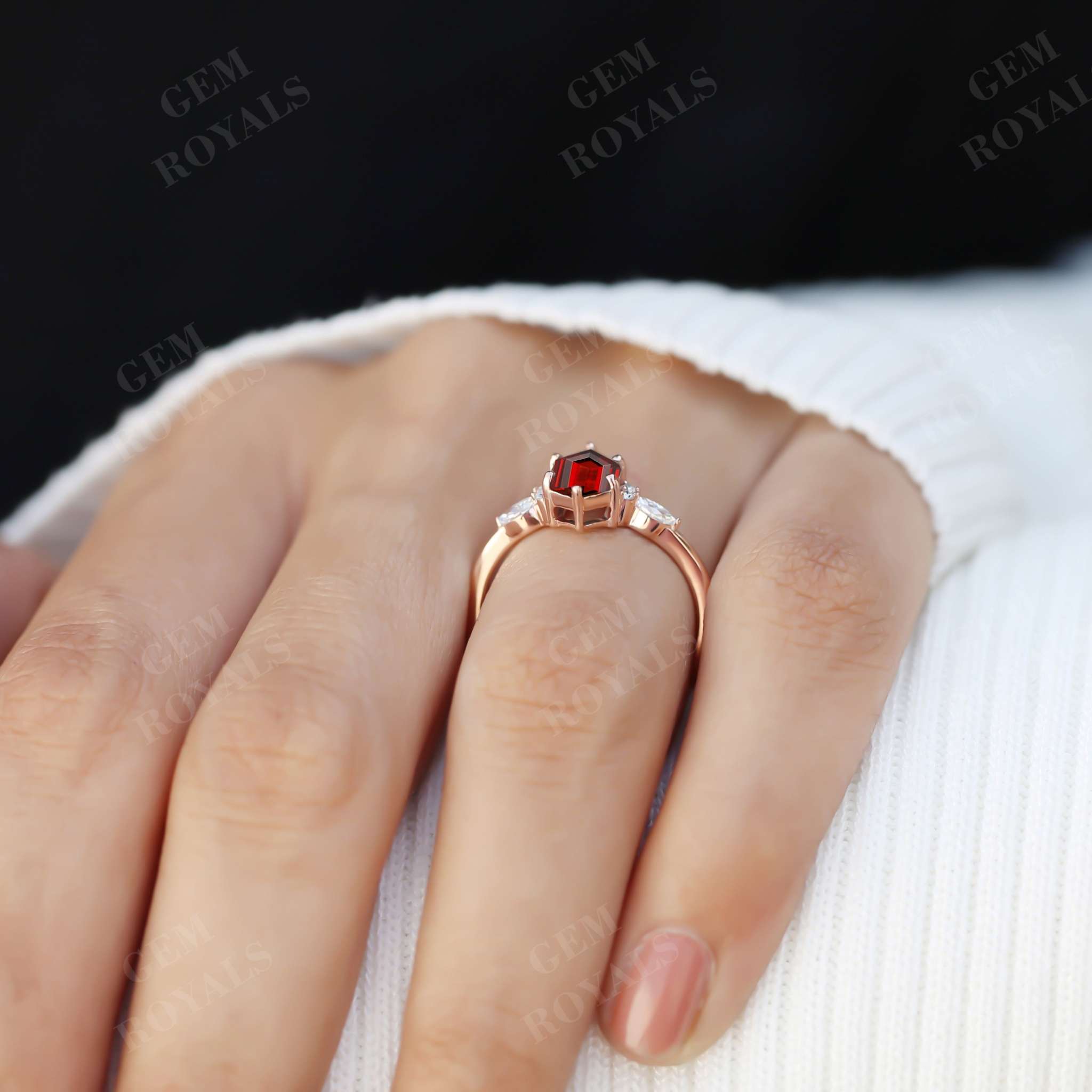 Cluster Long Hexagon Shape Red Garnet Engagement Ring