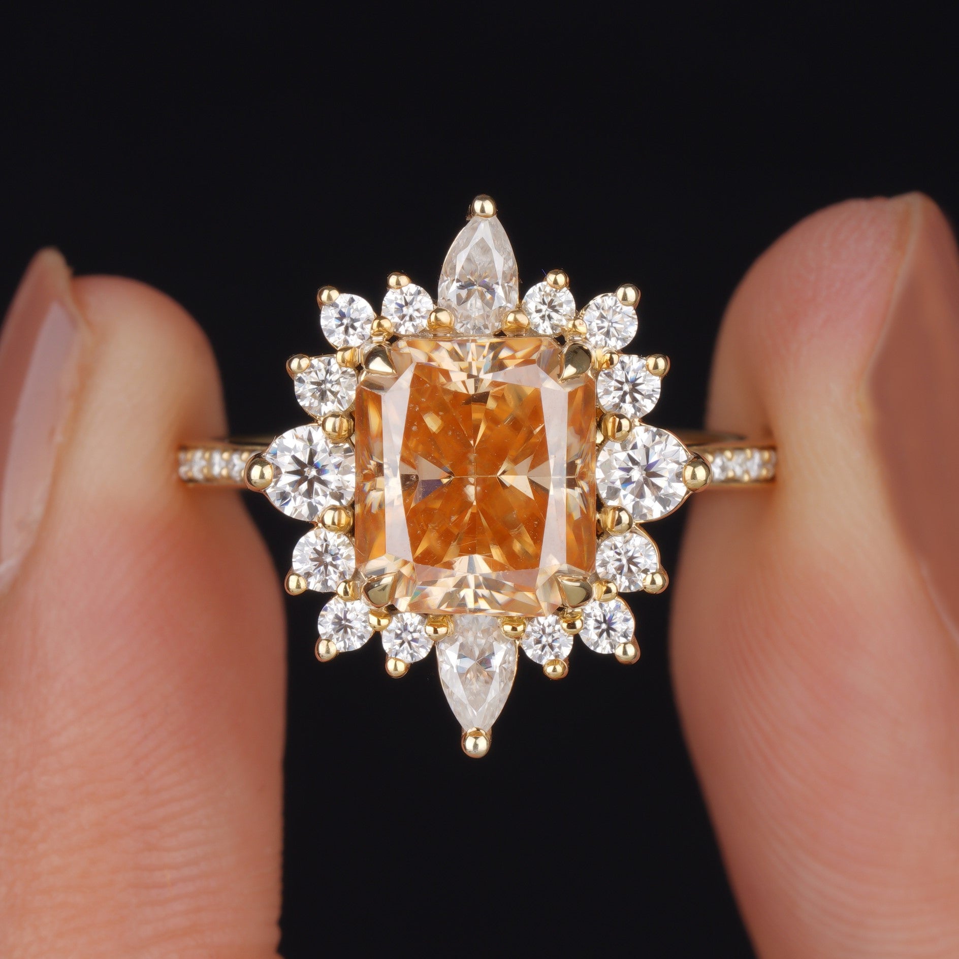 Vintage Style Yellow Radiant Moissanite Halo Engagement Ring