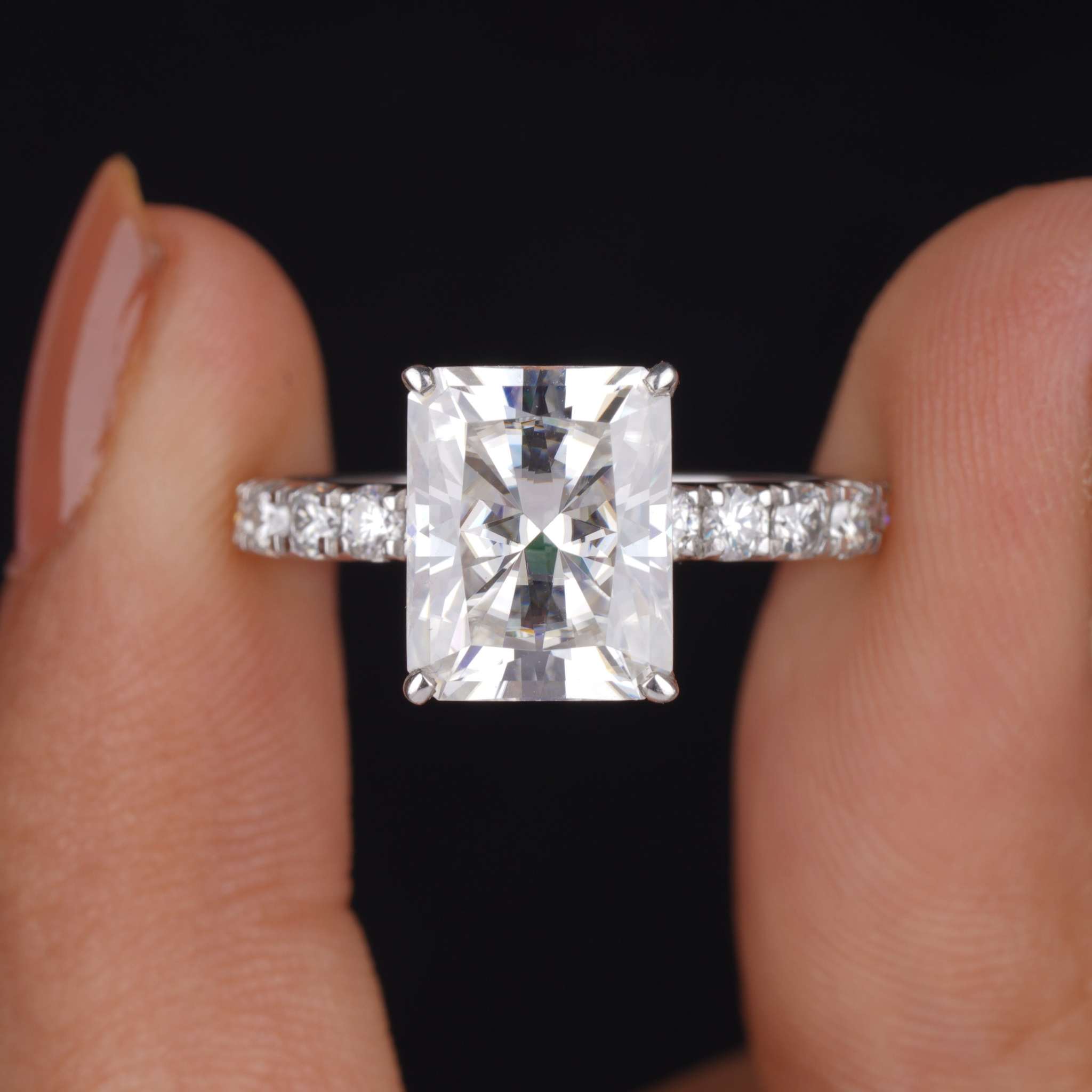 Radiant Cut Moissanite Pave Hidden Halo Engagement Ring