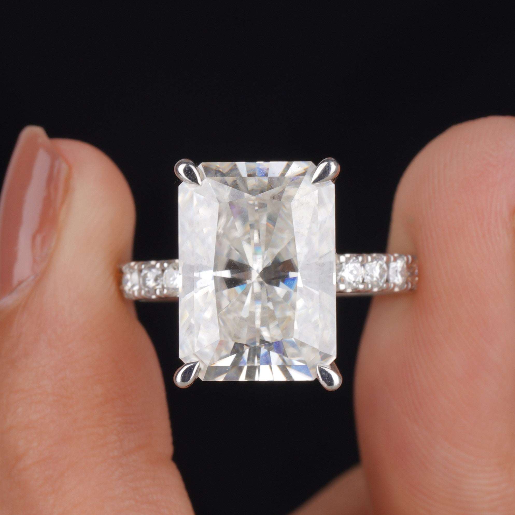 Huge Radiant Moissanite Pave Hidden Halo Engagement Ring