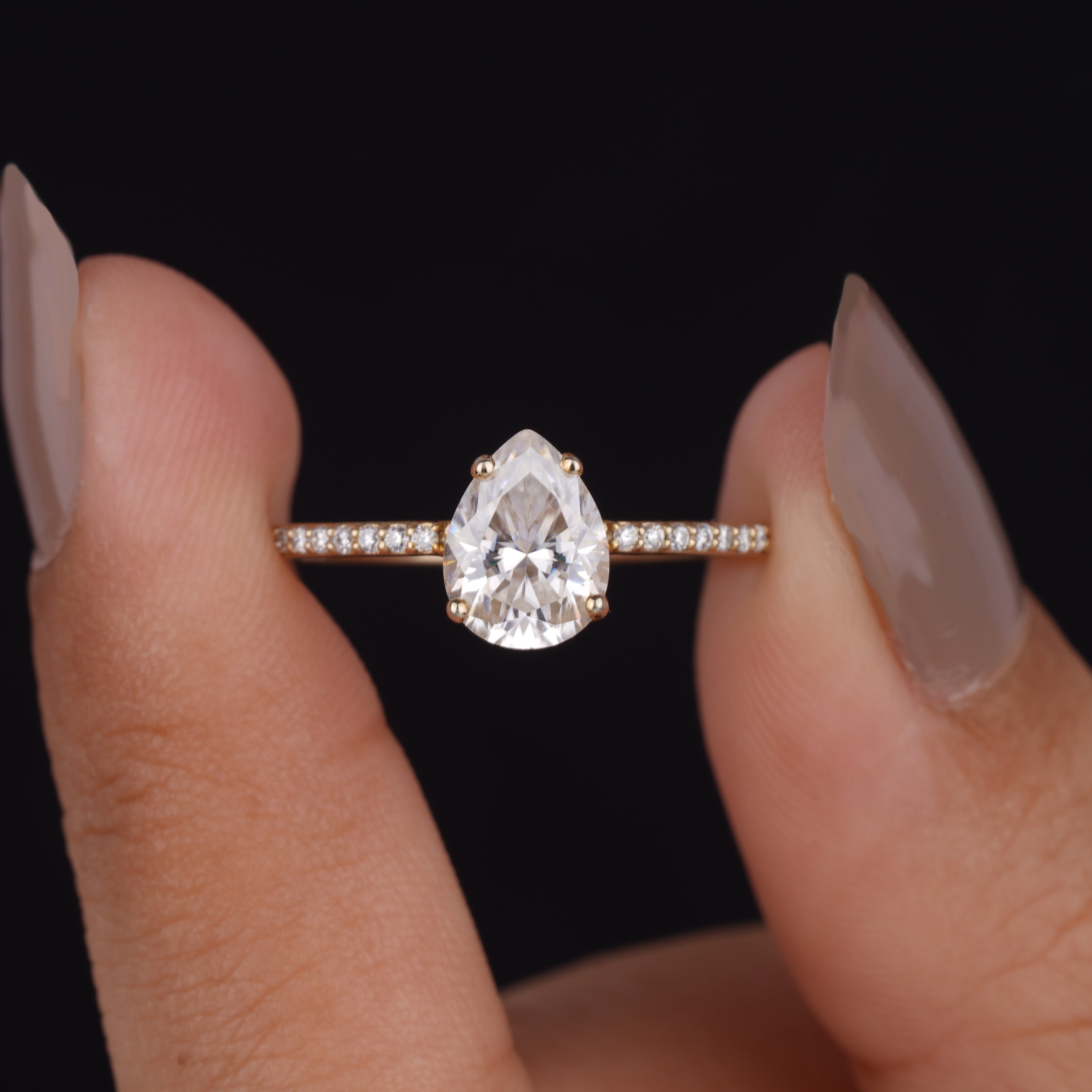 Pear Moissanite Solitaire Pave Set Engagement Ring