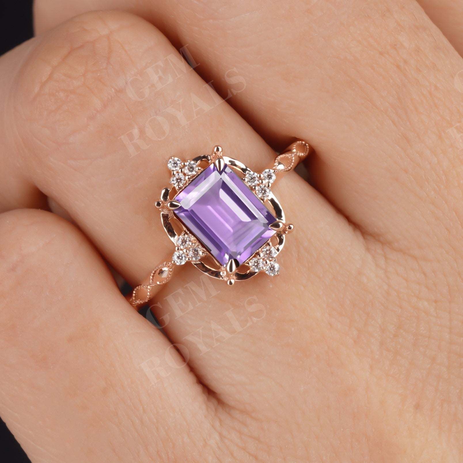 Art Deco Emerald Cut Amethyst Engagement Ring