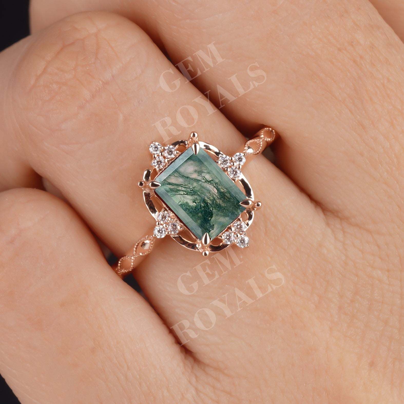 Vintage Emerald Natural Green Moss Agate Engagement Ring