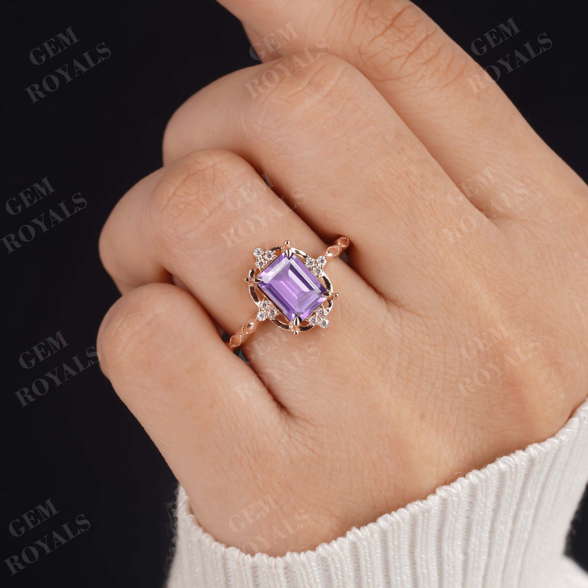 Art Deco Emerald Cut Amethyst Engagement Ring