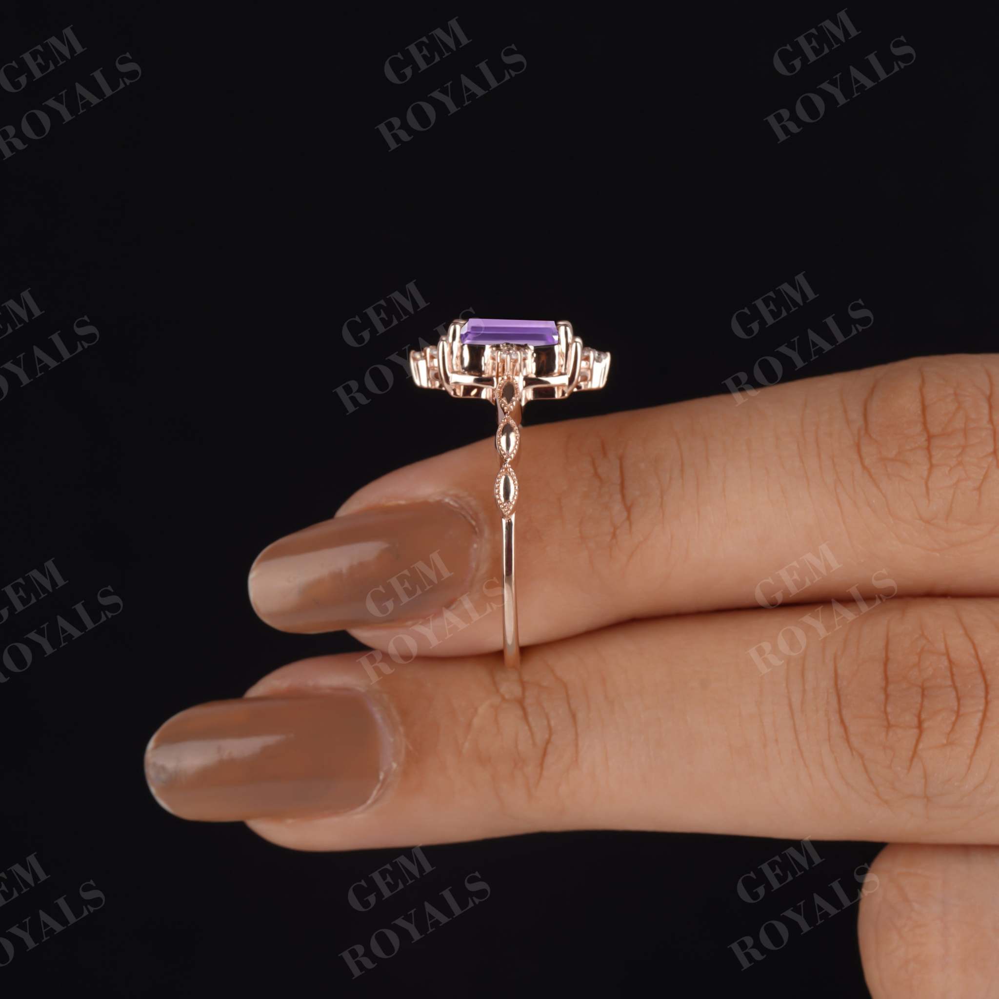 Art Deco Emerald Cut Amethyst Engagement Ring