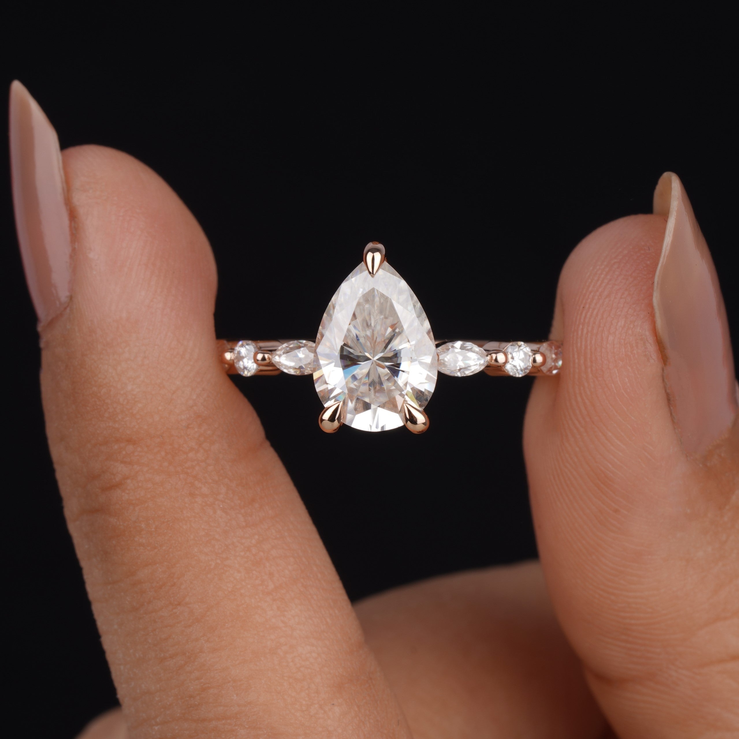 Pear Shaped Moissanite Hidden Halo Pave Engagement Ring