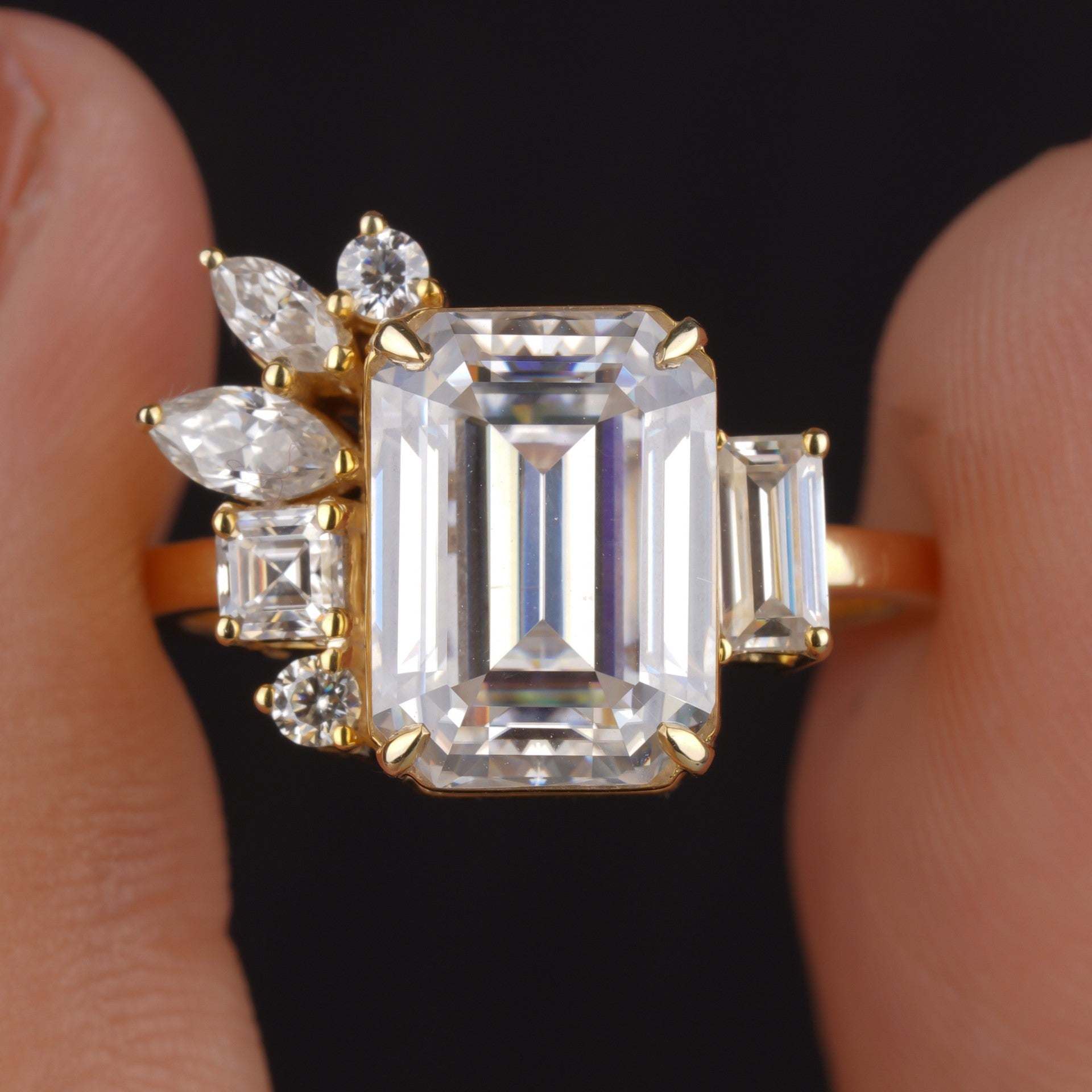 Huge Emerald Cut Cluster Moissanite Engagement Ring