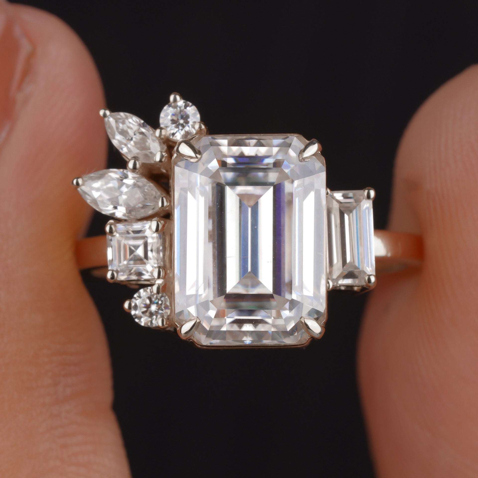 Huge Emerald Cut Cluster Moissanite Engagement Ring