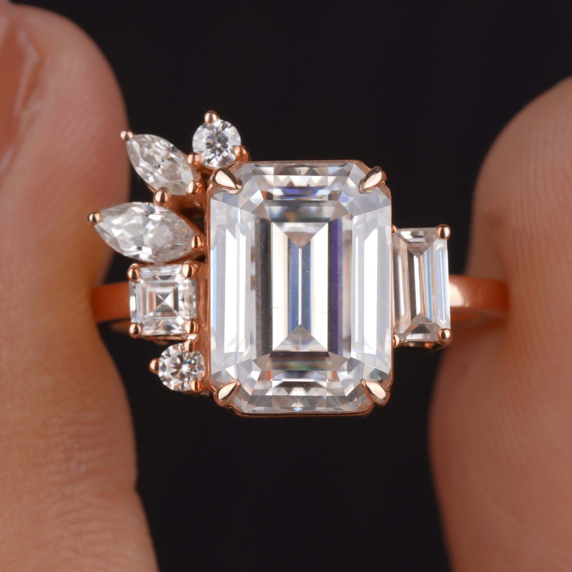 Huge Emerald Cut Cluster Moissanite Engagement Ring