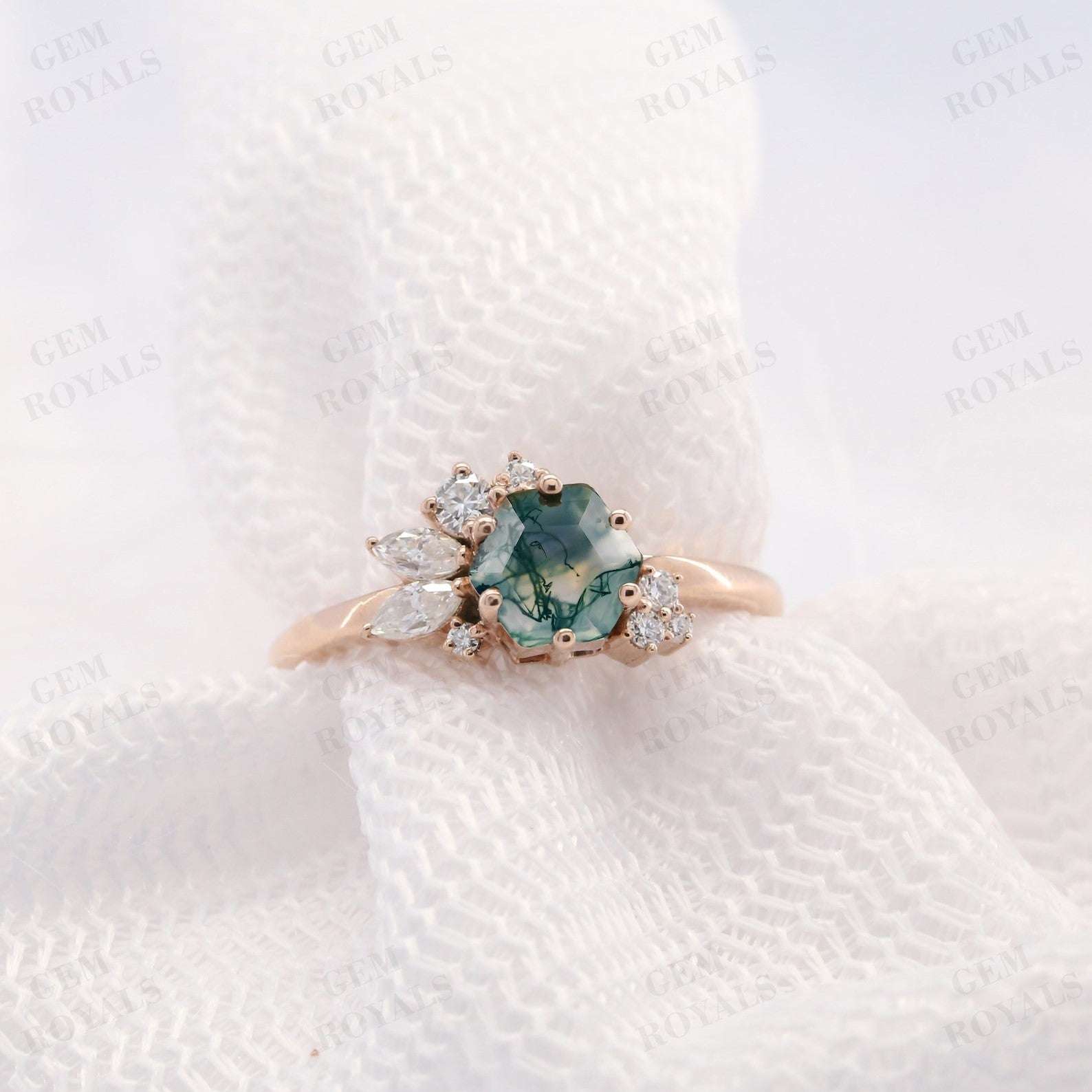 Art Deco Hexagon Cut Natural Moss Agate Engagement Ring