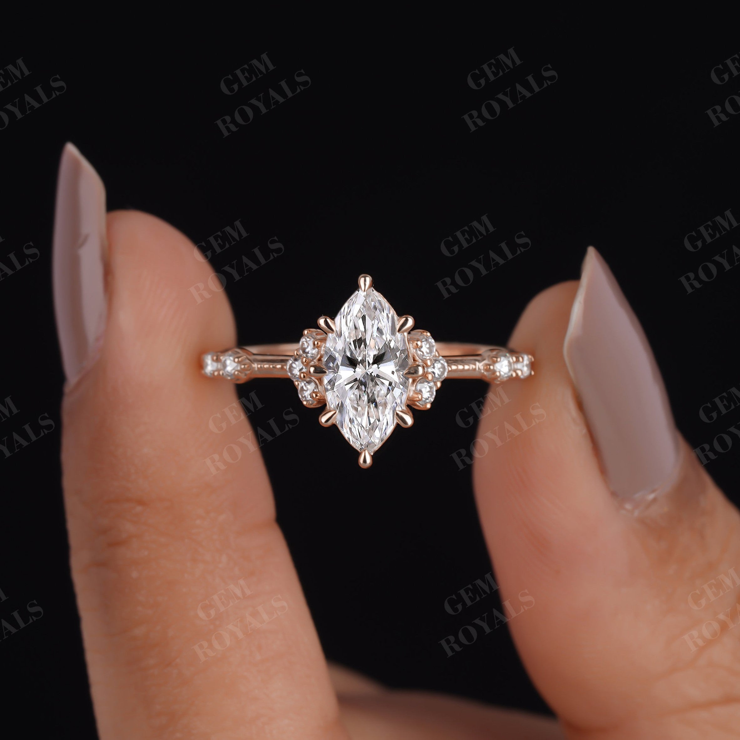 Vintage Marquise Lab Grown Diamond Cluster Engagement Ring