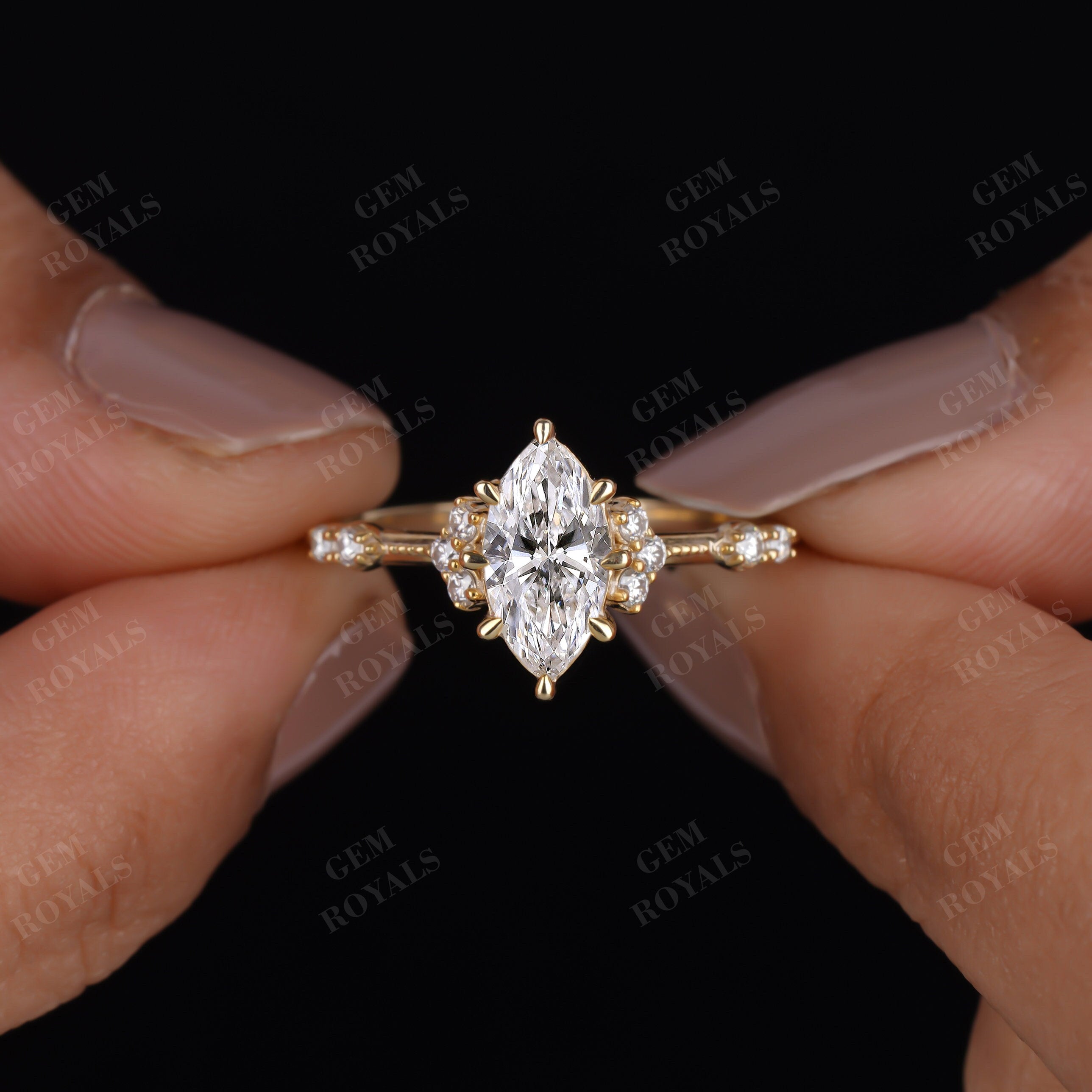 Vintage Marquise Lab Grown Diamond Cluster Engagement Ring