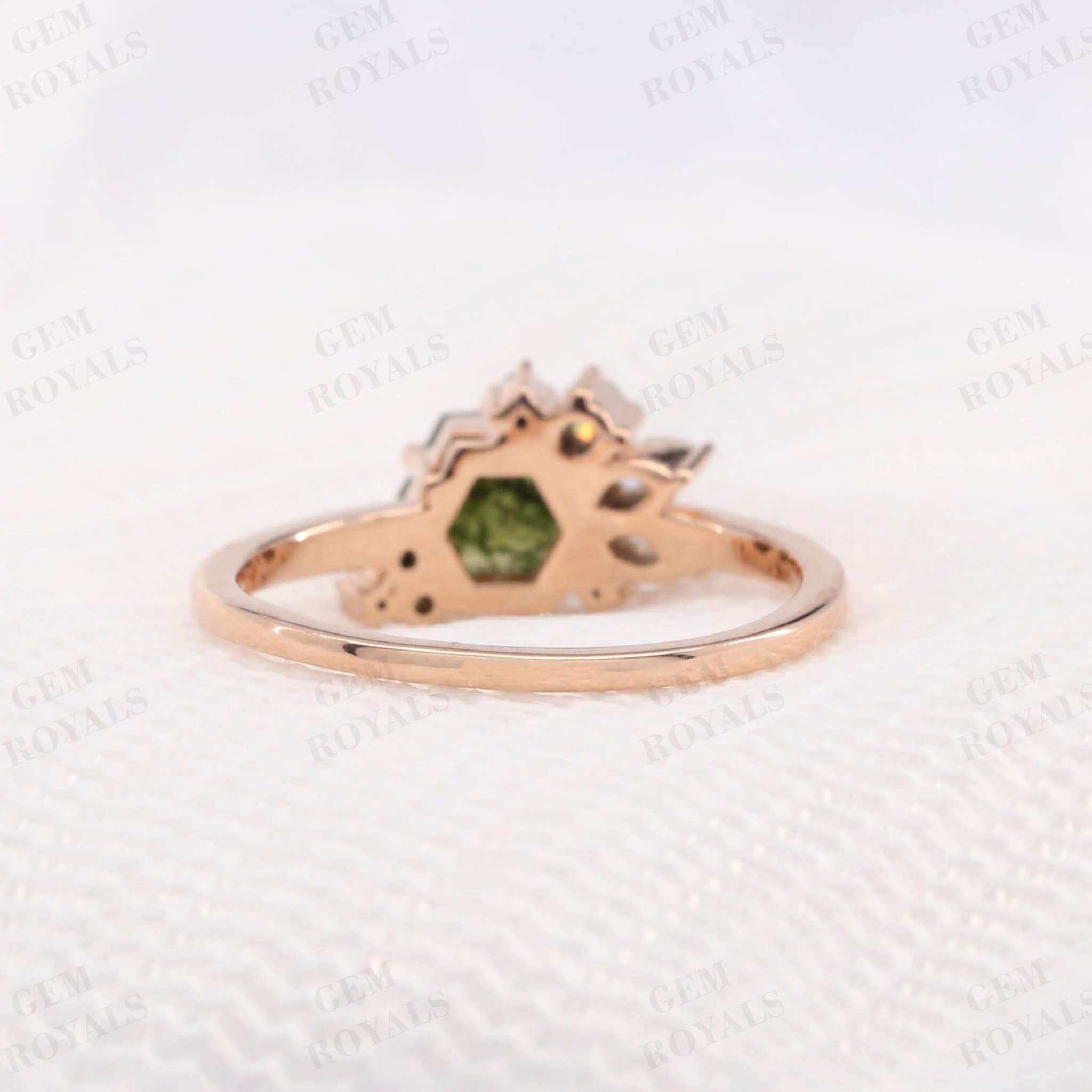 Art Deco Hexagon Cut Natural Moss Agate Engagement Ring