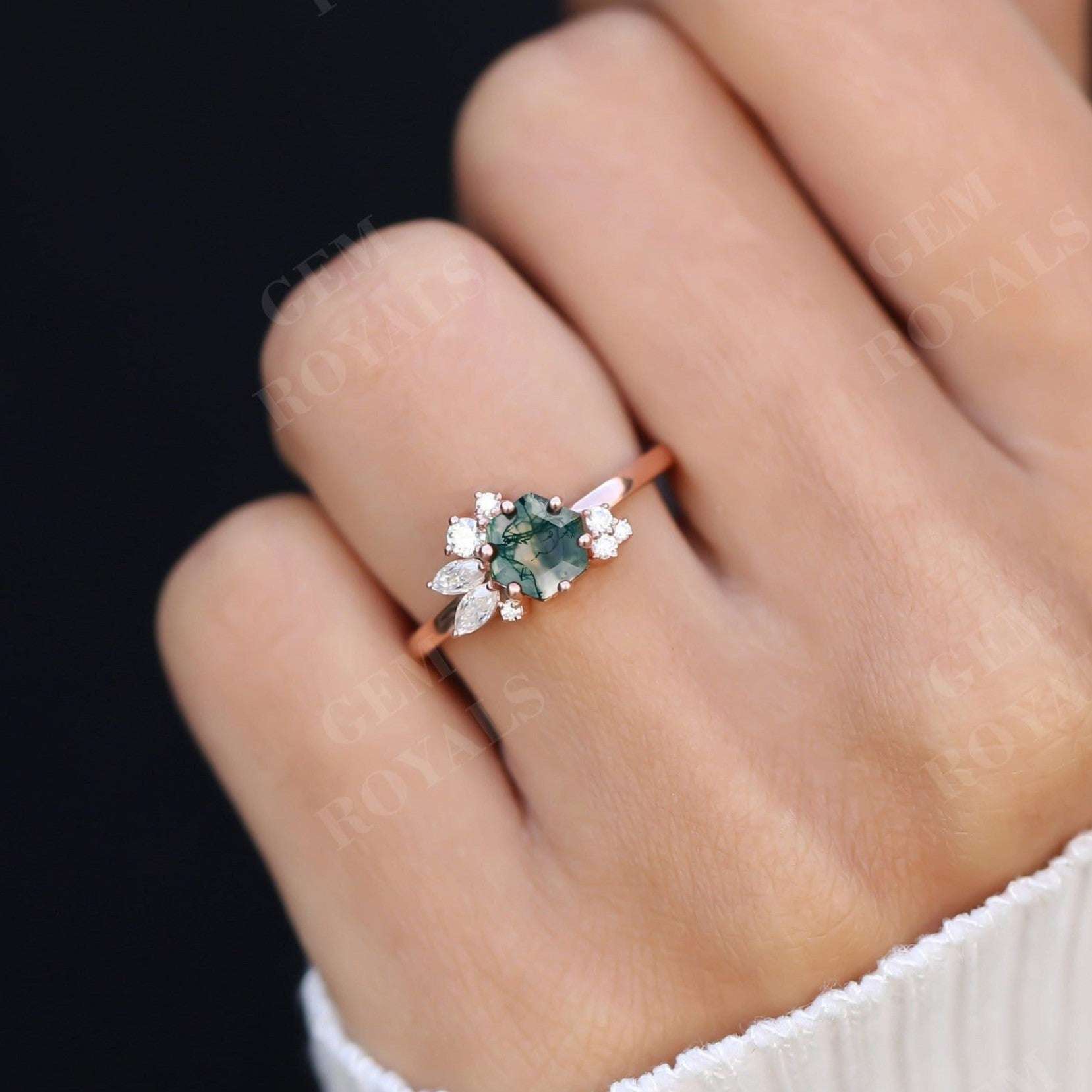 Art Deco Hexagon Cut Natural Moss Agate Engagement Ring