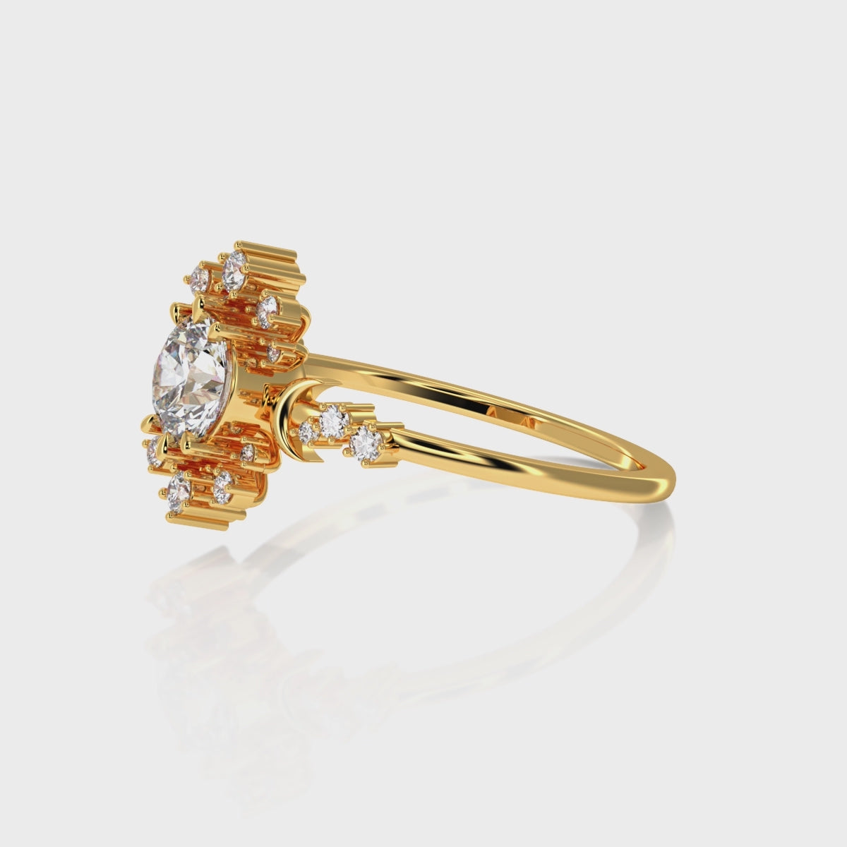 360 video of round diamond celestial engagement ring