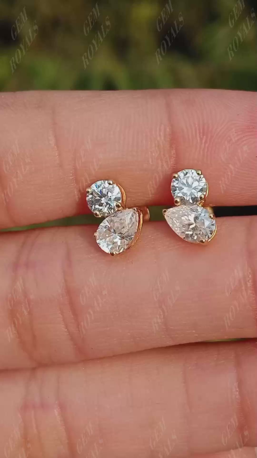 Two Stone Round And Pear Moissanite Stud Earrings