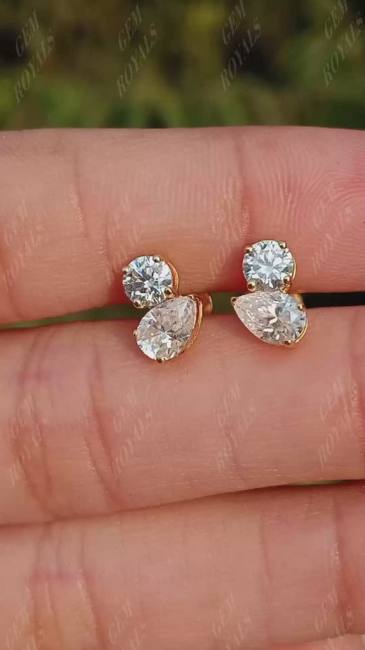 Two Stone Round And Pear Moissanite Stud Earrings