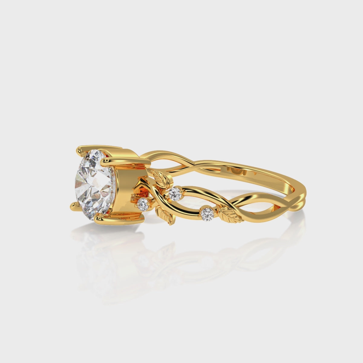 360 video of nature inspired leaf and wine round diamond engagement ring