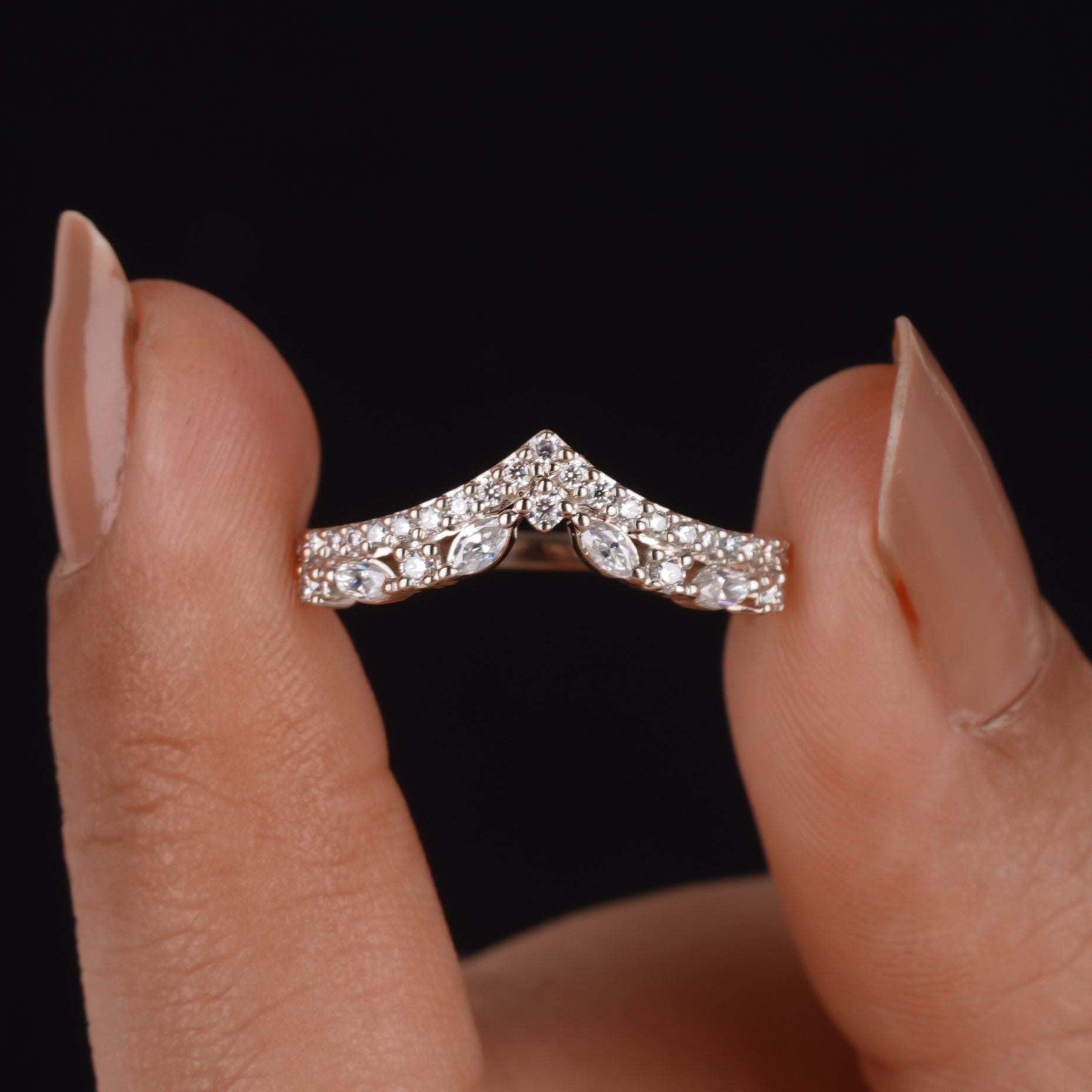 Marquise And Round Lab Diamond Chevron wedding band