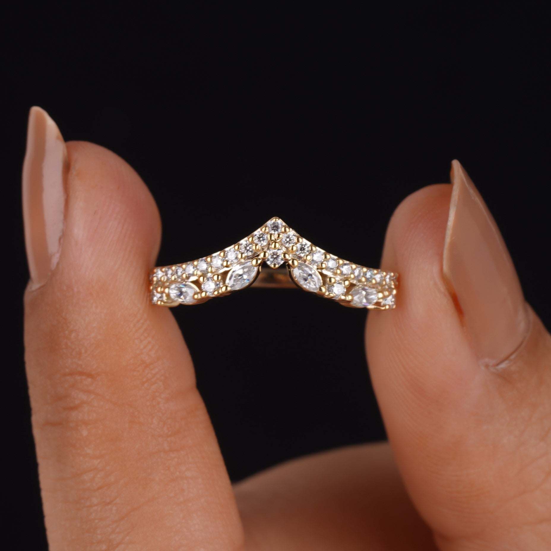 Unique Marquise And Round Moissanite Chevron wedding band